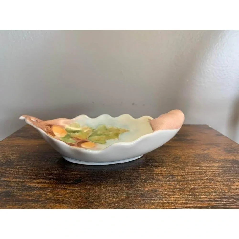 Vintage Hand Painted Ceramic Oak Leaf Trinket Dish Acorn Nut Bowl Decor Vintage